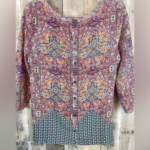 NWOT Anthropologie Maeve Sidney Silk Mosaic Button Back Top in Blue Combo Size 6 - Picture 3 of 9